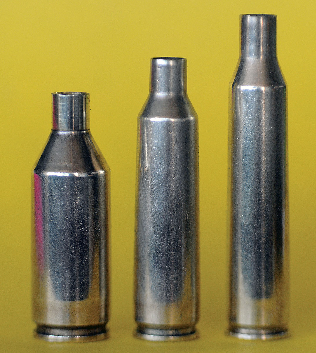 The .223 WSSM (left) has the largest case capacity of any factory .22-caliber varmint round on the market, including the .22-250 (center) and the .220 Swift (right). It also easily exceeds the top velocities produced by those rounds when handloading to safe pressures.