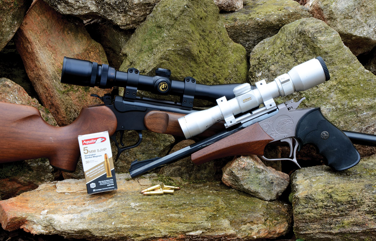 Aguila 30-grain Remington 5mm Rimfire Magnum ammunition exceeded 2,100 fps from the 10-inch barrel of a T/C Contender pistol, and 2,300 fps from the 23-inch barrel of a T/C Contender rifle.
