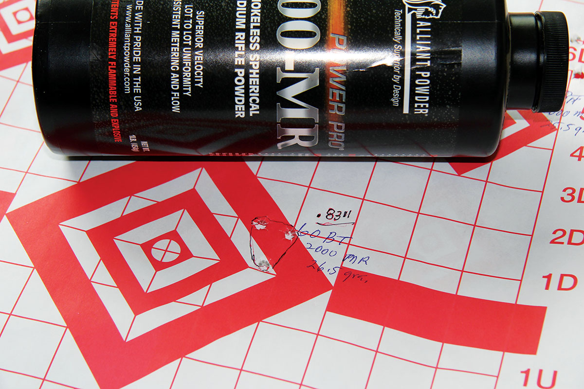 The best group resulting from the Nosler 60-grain Ballistic Tip Varmint came from 26.5 grains of Alliant Power Pro 2000 MR powder. Velocity was 2,681 fps.