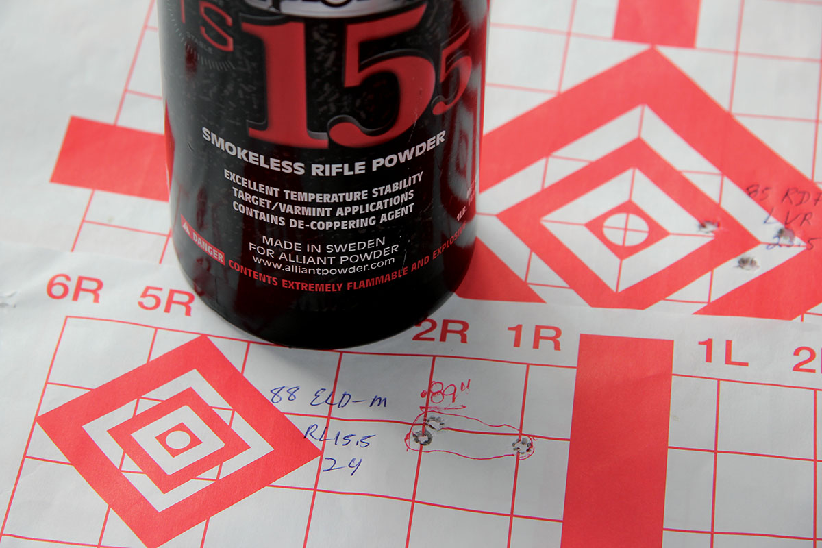 A .89-inch group was by far the best group assembled by the Hornady 88-grain ELD Match bullet, which had reached the rifle’s stabilization limit when shot at sea level. Twenty-four grains of Alliant Reloder TS 15.5 did the trick with a 2,548 fps velocity.