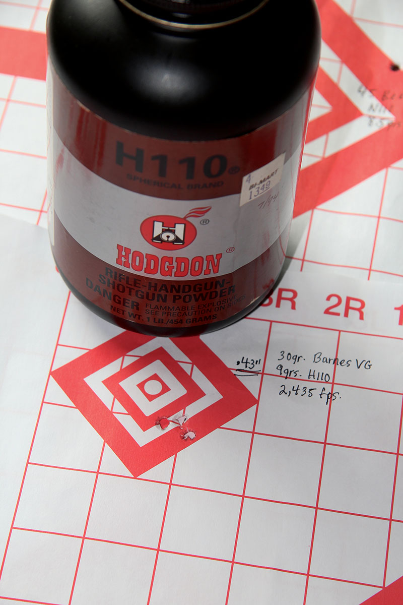 The best group assembled with the Barnes 30-grain hollowpoint Varmint Grenade measured .43 inch using 9 grains of Hodgdon H-110 sent at 2,435 fps.