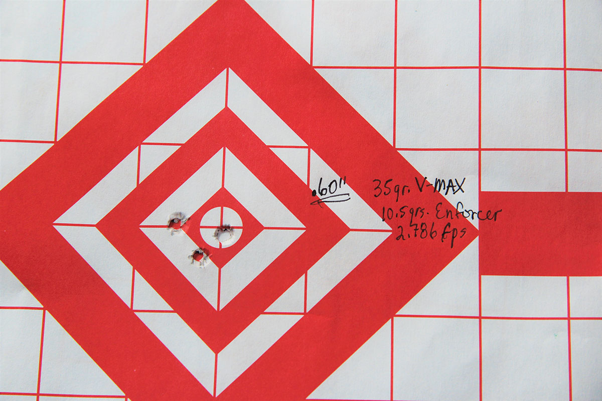 Hornady’s 35-grain, polymer-tipped V-MAX and 10.5 grains of Ramshot Enforcer produced this .60-inch group with a velocity of 2,786 fps.