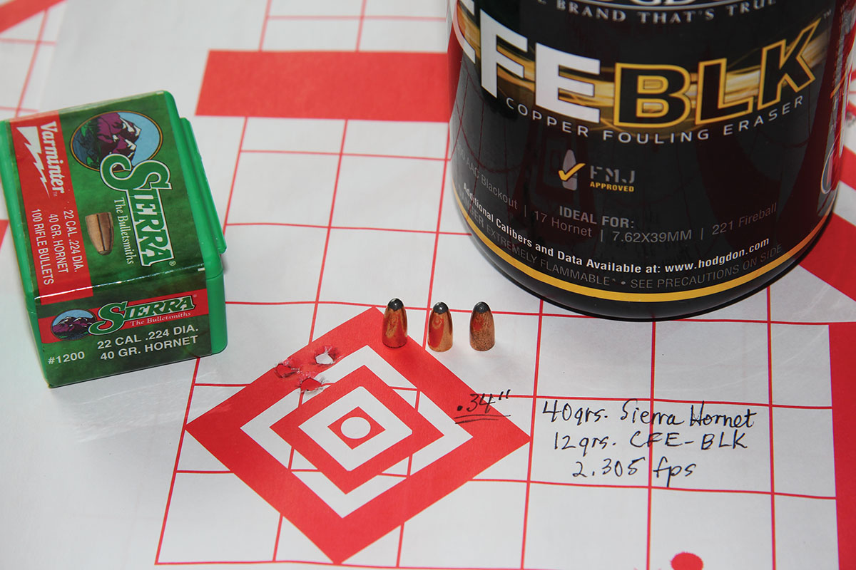 Sierra’s 40-grain Varminter Hornet softpoint produced the smallest group of the entire test. That .34-inch group came from 12 grains of Hodgdon CFE BLK at a velocity of 2,305 fps.
