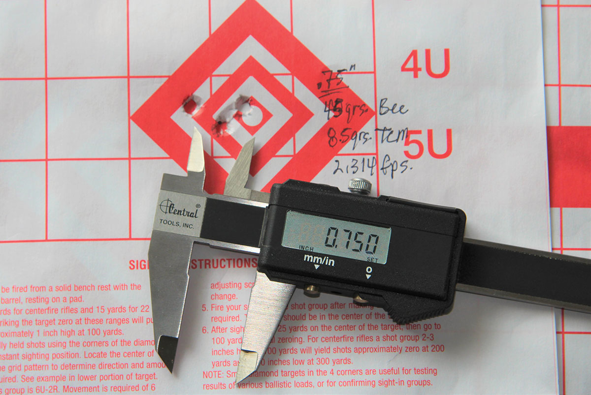 Eight and a half grains of Accurate TCM beneath Hornady’s 45-grain Bee flatnose hollowpoint produced this .75-inch group at 2,314 fps.