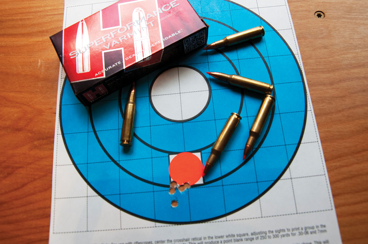 Hornady Superformance 50-grain Varmint V-MAX loads provided this little cluster at 100 yards.