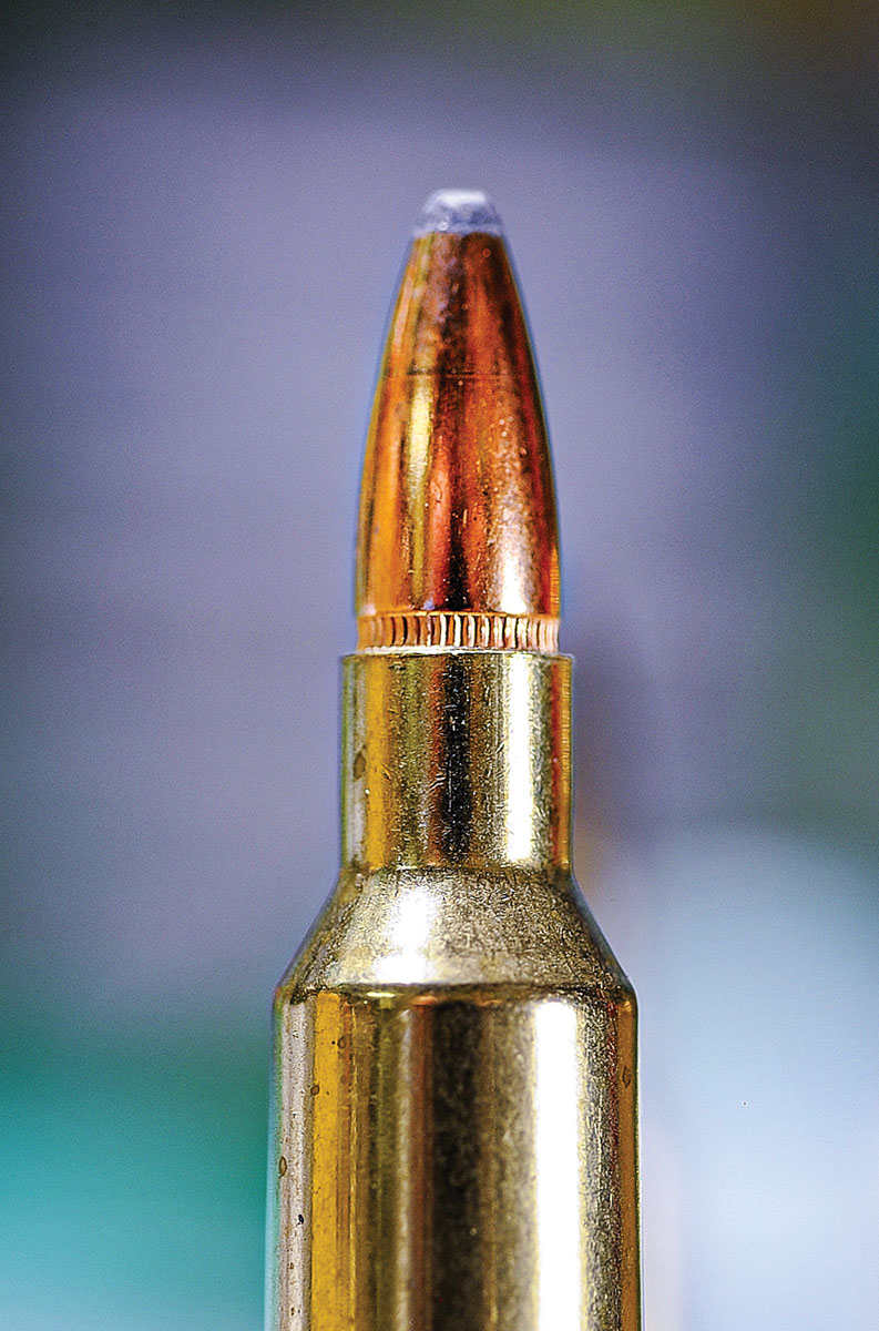 A close-up of the 22 Nosler case with the bullet seated into the crimping groove. For hunting, this is good practice as there is less chance of the bullet moving back into the case and possibly raising pressures with a compressed load.