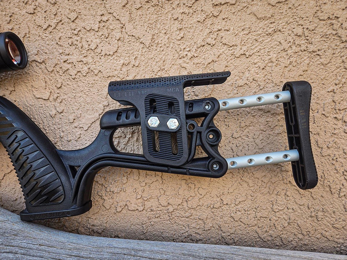 The Luth AR MCA-22 Modular Chassis Assembly is an excellent stock option for the SwitchBolt and is also compatible with the Ruger 10/22. It has adjustability for the length of pull as well as an adjustable cheek riser to ensure a good, consistent cheek weld.