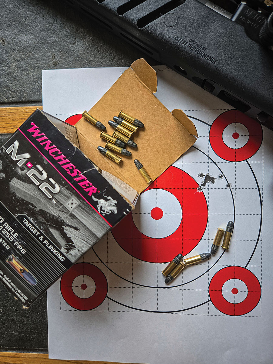 Winchester M-22 is generally considered “budget” or “plinking” ammunition, but this rifle proved to be more than accurate with this ammunition. The reliability did leave something to be desired, but for an afternoon practicing or plinking, it was more than acceptable.