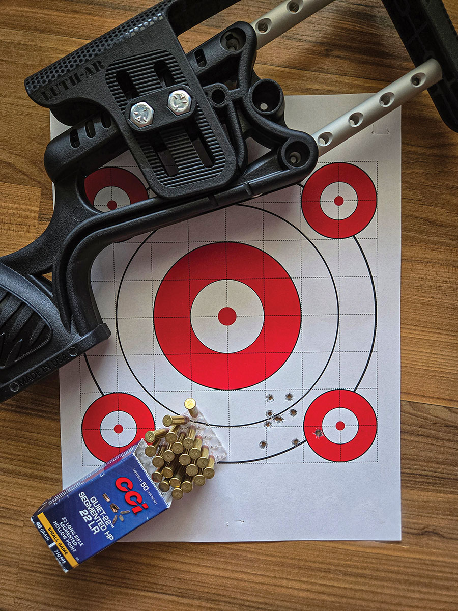 The 40-grain Segmented HP CCI Quiet-22 proved accurate and effective at dispatching small critters up close with minimal noise pollution. It failed to cycle the action, but it was neither expected to, nor designed to, function in semiautomatic firearms. CCI manufactures various Quiet-22 models for semiautomatic firearms, which minimizes sound by not cycling the action – appearing slightly quieter than the faster options.