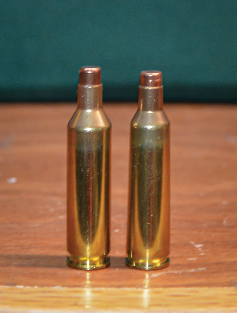 Seating flat-base bullets backward in a 6mm Creedmoor case (left) and a 22-250 case (right) for overall lengths that have the base of the bullets resting against the rifling when the two are chambered, illustrates the slightly longer throat in the 22 Creedmoor chamber.