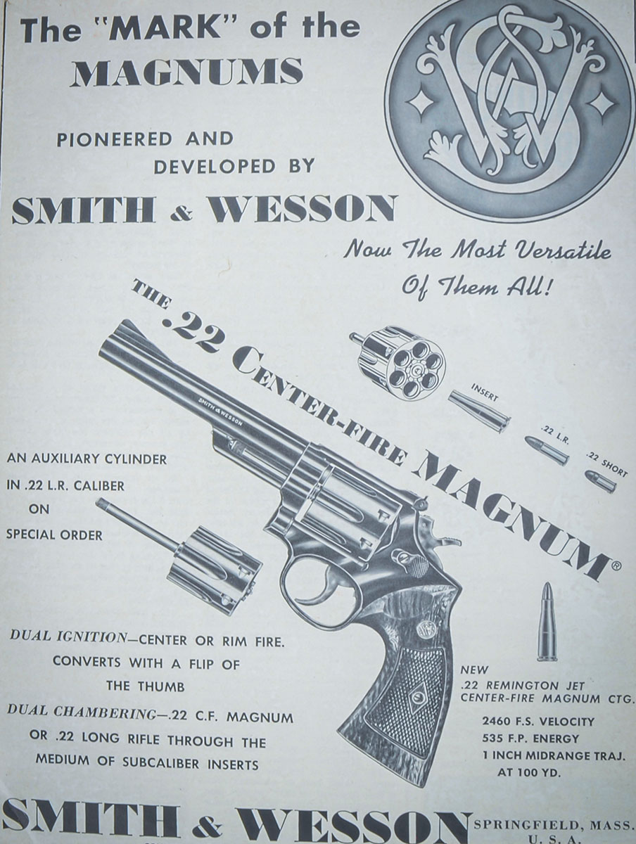 When introduced in 1961, Smith & Wesson described the Model 53 revolver in 22 Center-Fire Magnum as the world’s fastest handgun. Six chamber inserts included with the revolver allowed 22 Long Rifle ammunition to be fired.