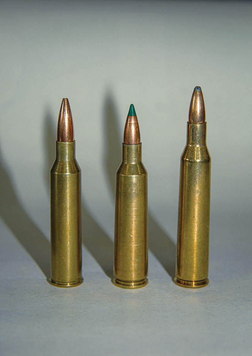 The 225 Winchester (left) is in the same class as the 22-250 Remington (center) and the 220 Swift (right). It can be pushed to match 22-250 velocities, but there is no need to do so.