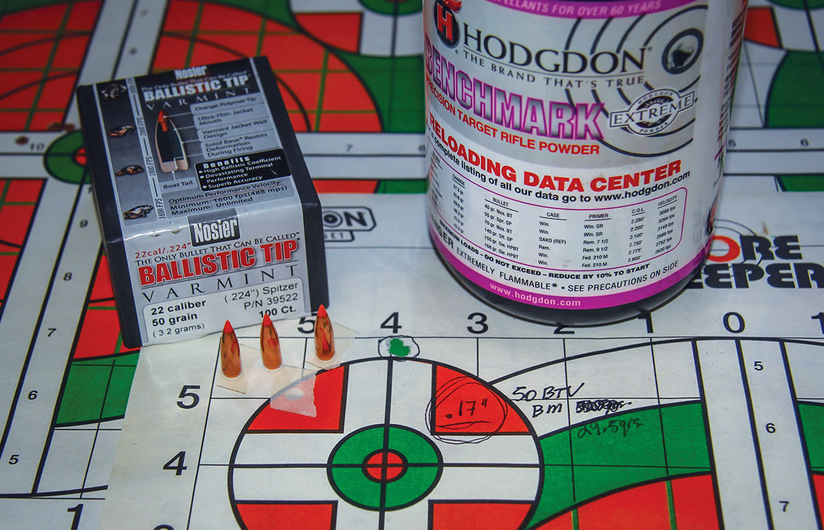 The tightest group of the entire test involved Nosler’s 50-grain Ballistic Tip Varmint and 29.5 grains of Hodgdon Benchmark. That group measured .17-inch and was sent at 3,662 fps, while including a very low extreme velocity spread.