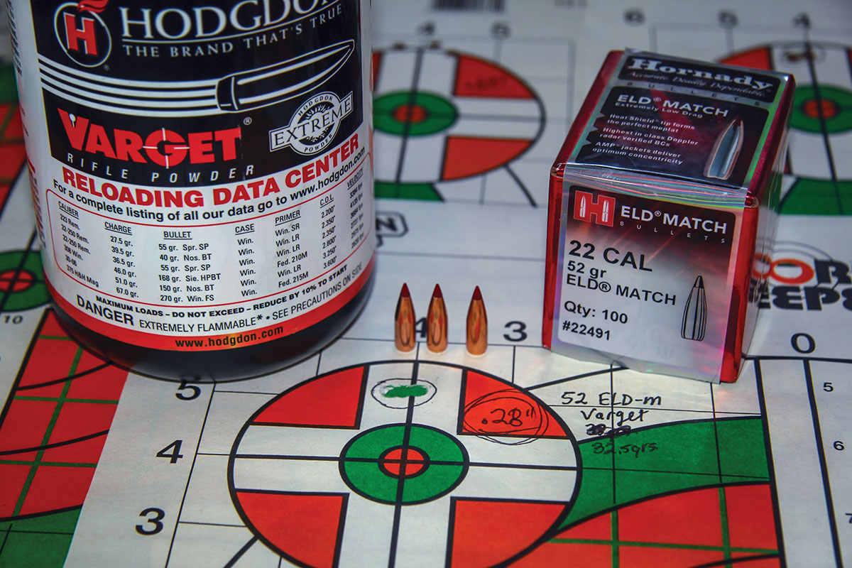 The 52-grain ELD Match by Hornady and 32.5 grains of Hodgdon Varget produced this .28-inch group, a muzzle velocity of 3,716 fps and a single-digit extreme velocity spread. This bullet expands aggressively at this velocity.