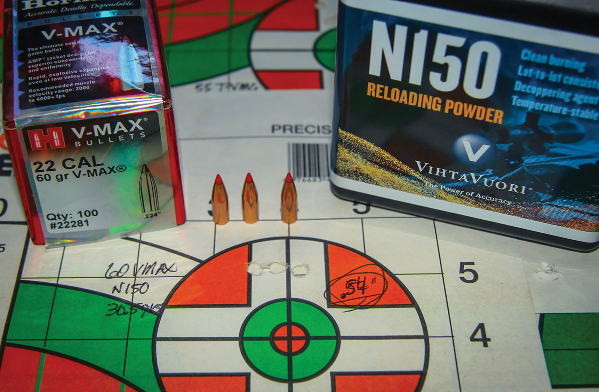 Patrick’s falling-block rifle struggled with Hornady’s 60-grain V-MAX with several powders tried, but came through using 30.5 grains of Vihtavuori N150. This .54-inch group was sent at 3,530 fps and with a very low extreme velocity spread.