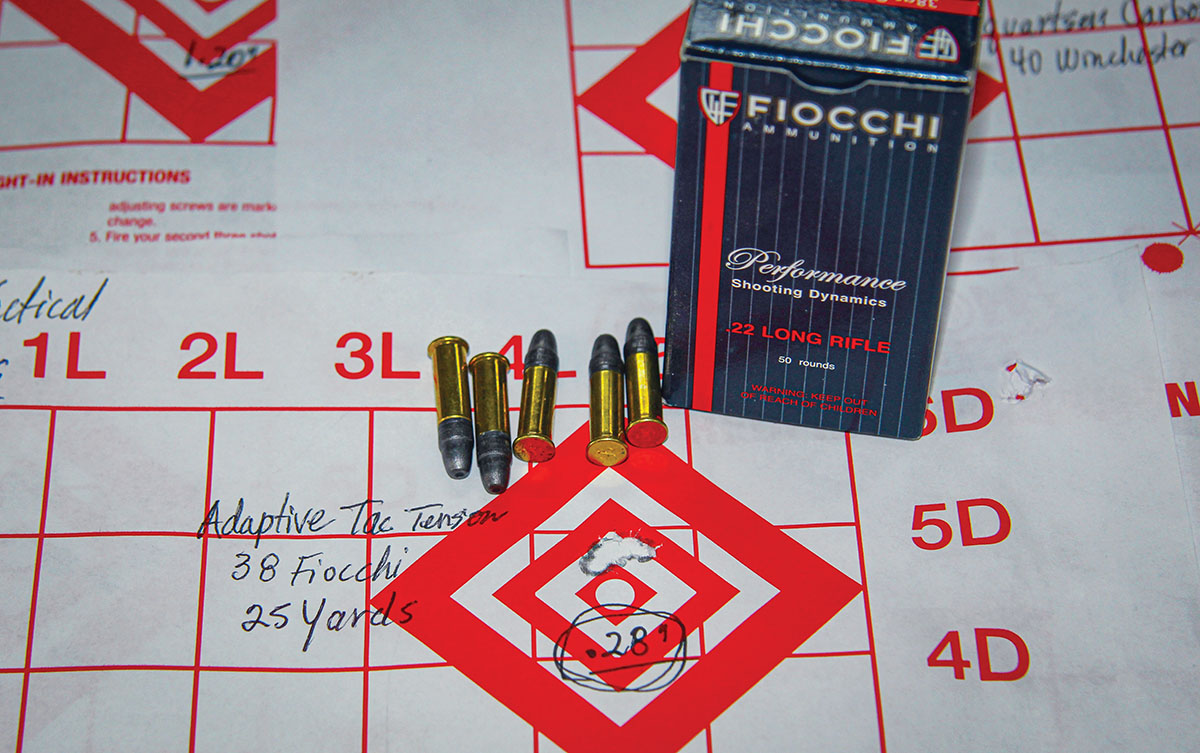 From the 16½-inch Adaptive Tactical Tac-Hammertension barrel, Fiocchi’s 38-grain Subsonic HP ammo shot best by far - in fact, producing the smallest 25-yard group of the entire test. That group measured .28-inch center to center, with a muzzle velocity of 1,025 fps.