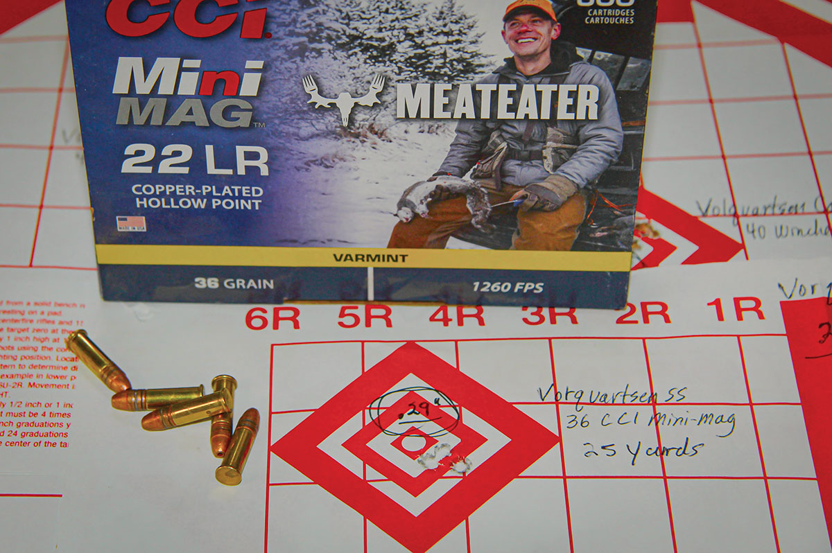 CCI’s 36-grain Mini-Mag Varmint hollow point ammunition proved most accurate from Patrick’s 18½-inch Volquartsen stainless-steel bull barrel at 25 yards. This five-shot group measured .29-inch and included a muzzle velocity of 1,165 fps.