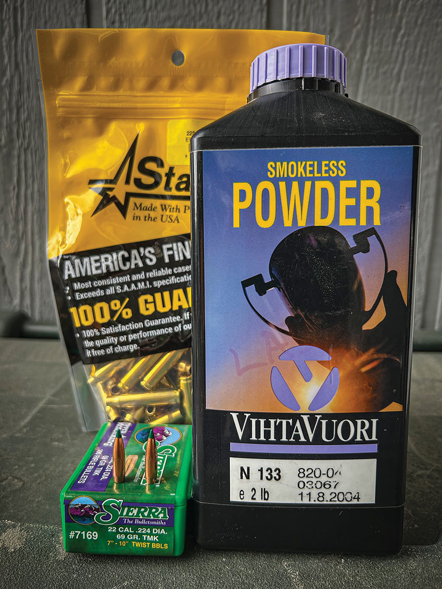 The most accurate combination in testing combined Sierra’s fantastic 69-grain Tipped MatchKing with 22.8 grains of Vihtavuori N133. This combination  averaged less than half a minute of angle.