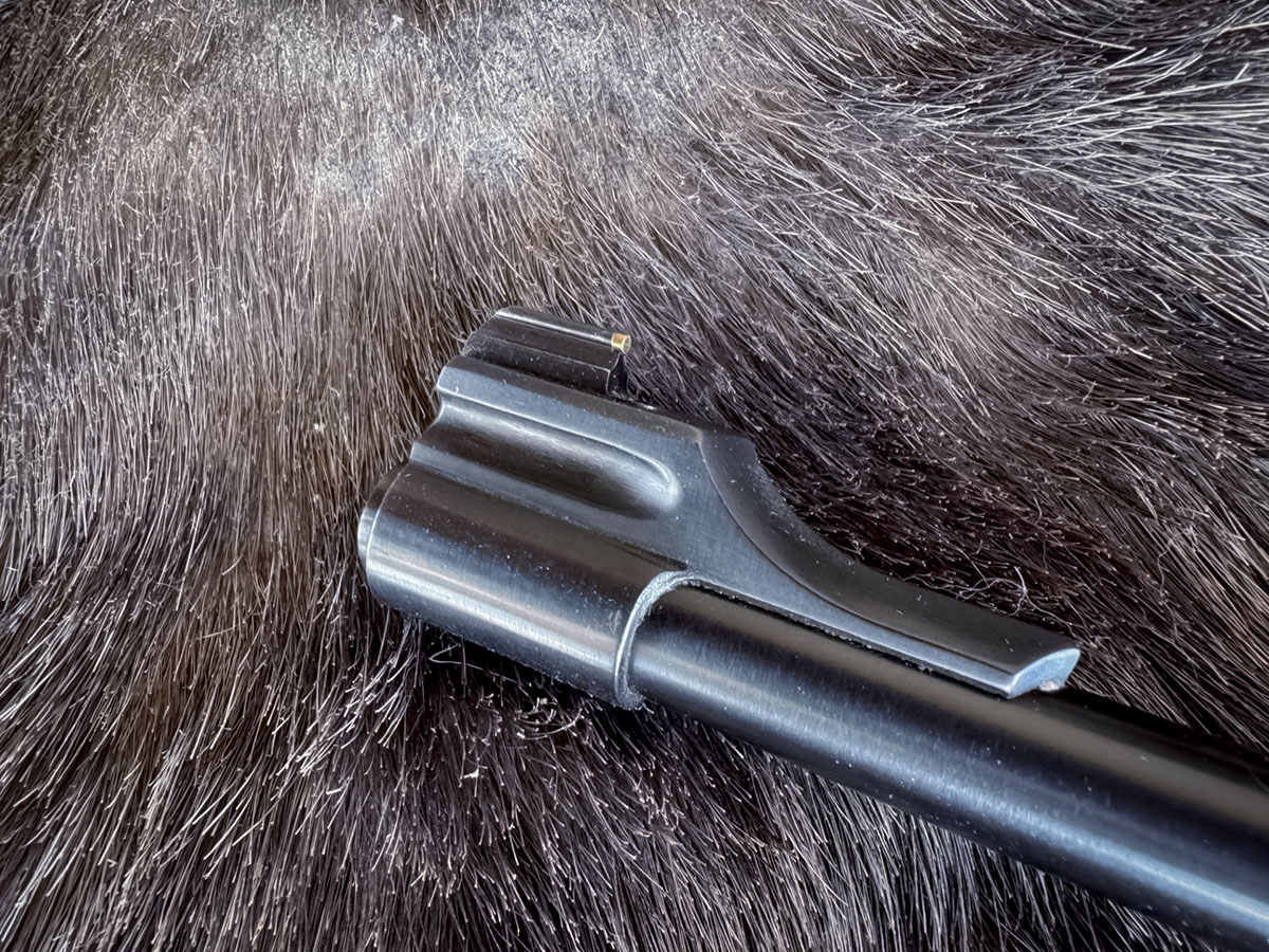 The express sights with brass bead front add to the good looks of the Ruger 77/22, and they, along with the barrel band swivel stud, give it an African hunting rifle vibe.