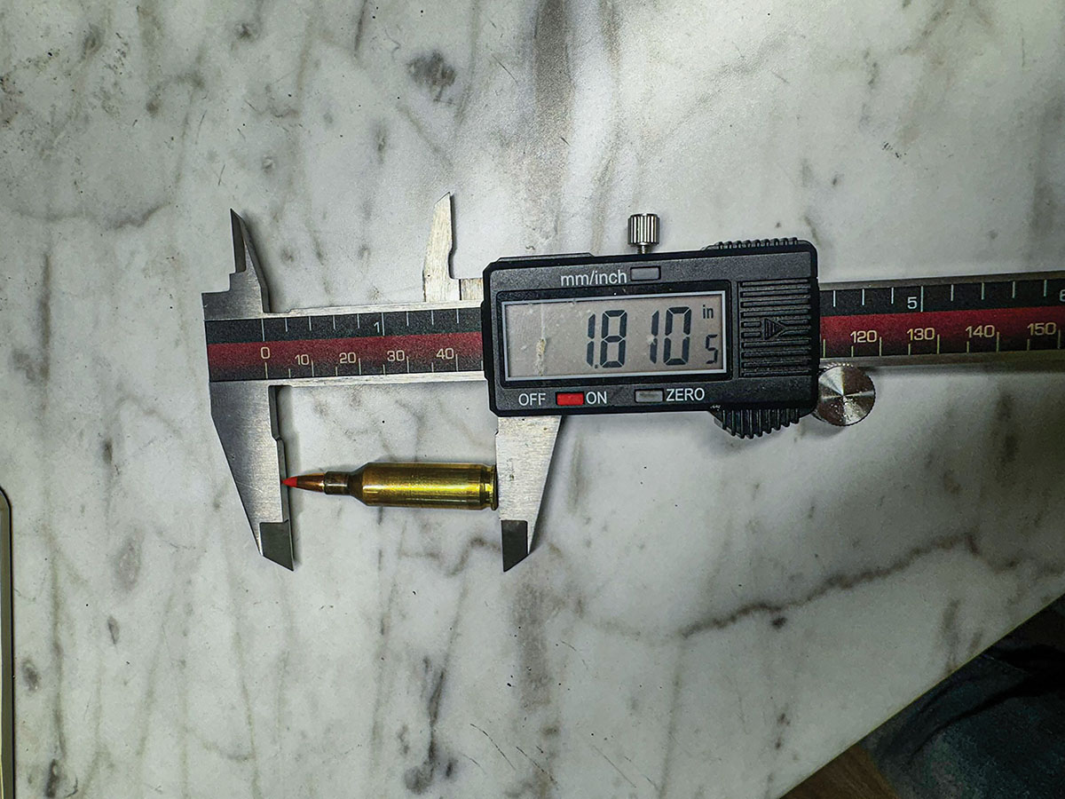 The case overall length with Hornady 20-grain V-MAX.
