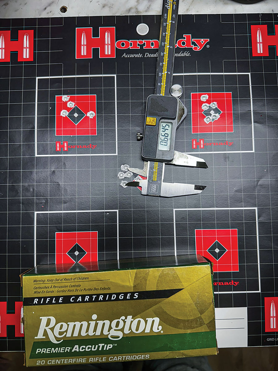Remington factory ammunition tested. The first group was .66 inch, the second was 1.07 inches and the third group was .83 inch for an average of .85 inch, which is outstanding for factory ammunition. Outstanding results.