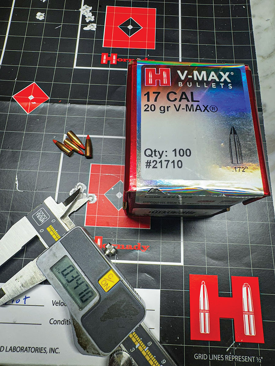 Target for the second-best group shot with handloads. Hornady V-MAX 20-grain and 19.0 grains of Shooters World The Patriot rifle powder. Shooting a five-shot group of .34 inch with an average 4,069 fps, 3.4 SD (standard deviation), 9 ES (extreme spread) and an average G1 BC 0.185 measured data using the Athlon Rangecraft Velocity Pro Radar Chronograph.