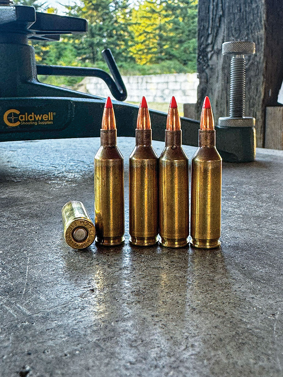 Handload of Hornady 25-grain V-MAX loaded with Shooters World The Patriot rifle powder, Remington brass and CCI 400 primers.