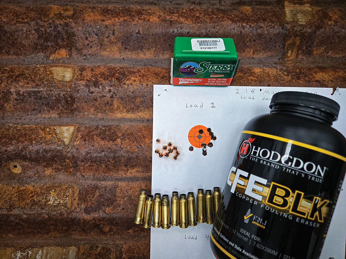 Hodgdon CFE BLK produced this 10-shot group that measured out to just under an inch at .98 inches. It also produced the highest velocity with the highest extreme spread. However, for those looking for a high-speed load for close range, this is not a bad option.