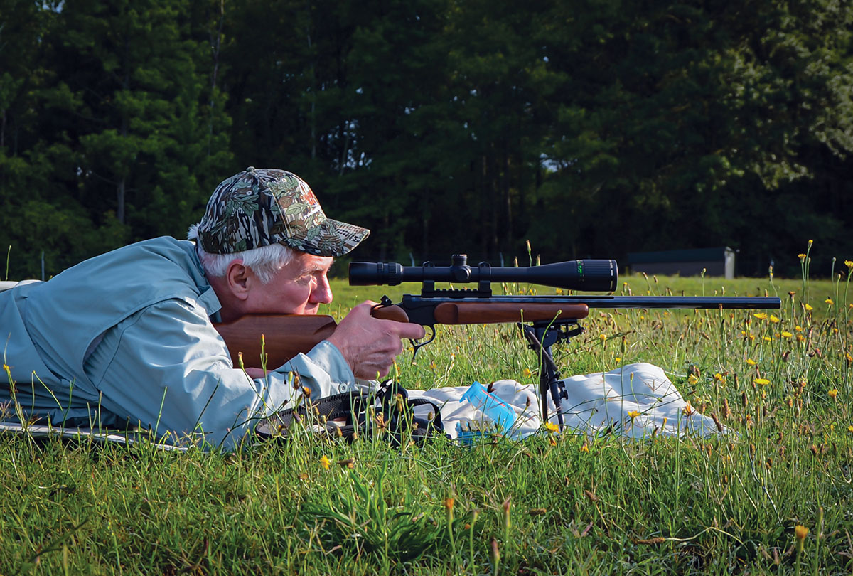 Moving up to a centerfire cartridge, this SSK custom Encore in 17 Ackley Hornet shoots flat, and with no misses, a pound of W-296 will allow you to drop 700 prairie dogs.