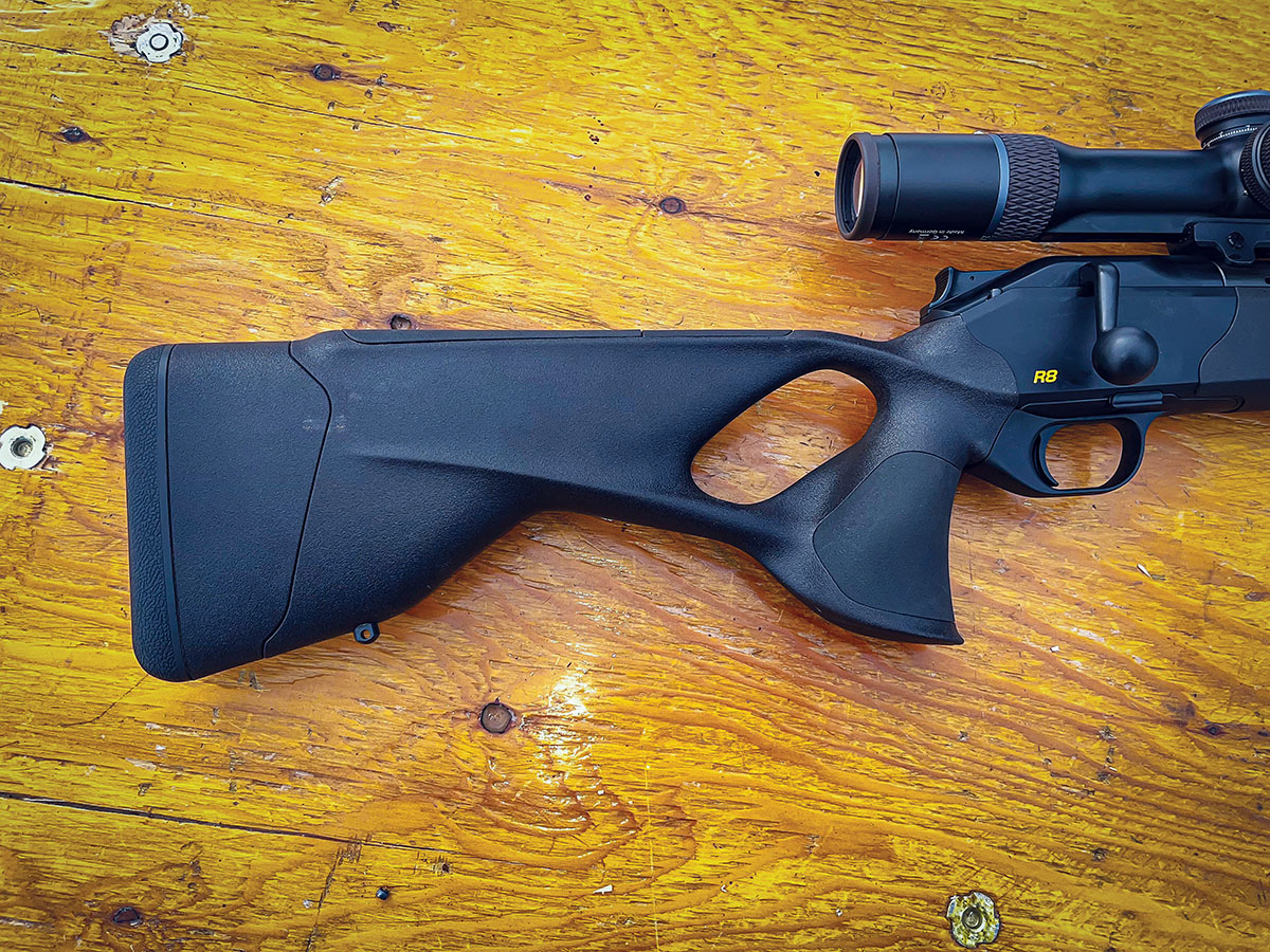 The Blaser R8 Ultimate X rifle tested held a highly ergonomic thumbhole stock with elegant palm swells. Its long 14½-inch length of pull suited Patrick and his 6-foot, 5-inch frame well.