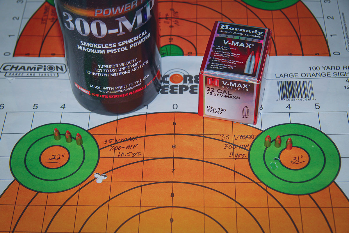 Hornady’s squatty 35-grain V-MAX shot especially well from the Blaser R8, producing these .22-inch (3,038 fps) and .31-inch (3,125 fps) groups using 10.5 and 11 grains of Alliant Power Pro 300-MP powder.