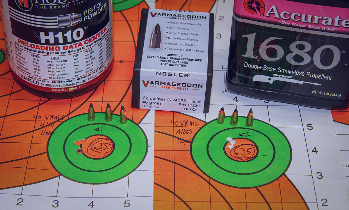 Nosler’s 40-grain Tipped Varmageddon shot two .35-inch groups, one using 11 grains of Hodgdon 110 (3,110 fps) and another using 12 grains of Accurate 1680 (2,618 fps). The Hodgdon 110 load was obviously much faster.