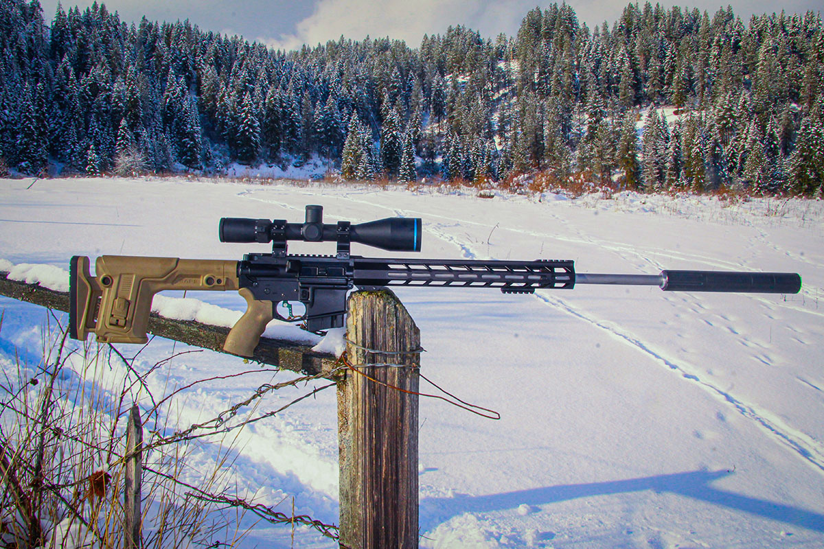 A parts-built AR-15 holding a 22-inch, 1:7-twist Shaw Custom barrel was used to test 22 ARC loads. It holds a Huskemaw Blue Diamond 5-20x 50mm scope set in Precision Hardcore Gear Force Recon Tactical rings.