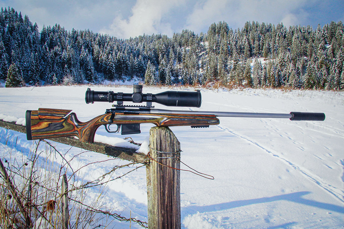 Dale Hegstrom of Little Crow Gunworks built Patrick’s 22 Creedmoor. It includes a heavy Proof Research 26-inch, 1:7-twist stainless-steel barrel and is topped by  Trjicon’s AccuPower 4.5-30x 56mm scope set in Precision Hardcore Gear 34mm Ranger rings.