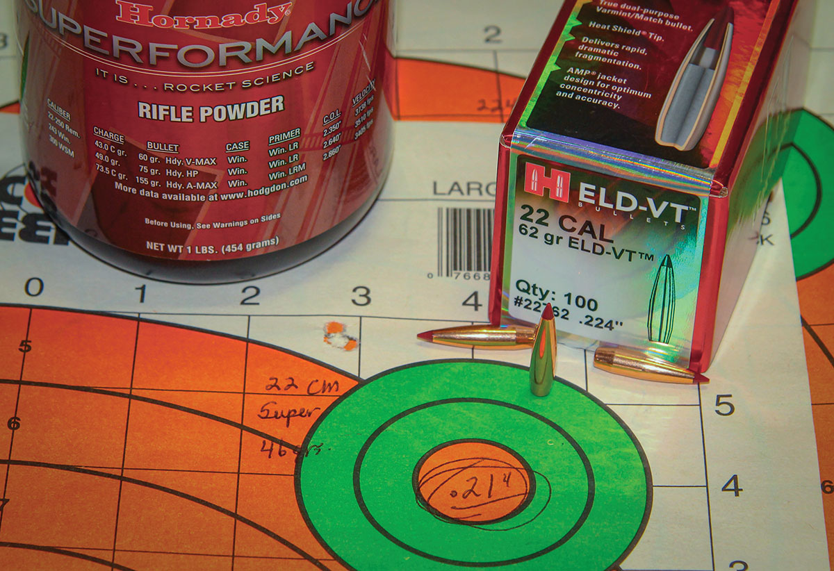Patrick’s 1:7-twist 22 Creedmoor produced this .21-inch group at a smoking 3,815 fps using 46 grains of Hodgdon Superformance powder.