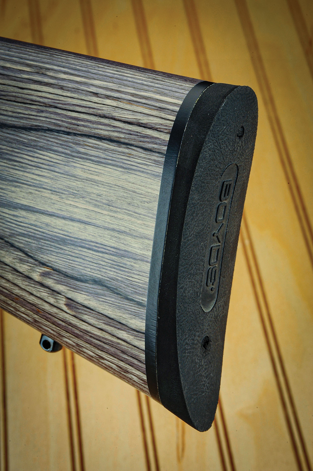 A hard, rubber butt pad with a black spacer adds class to this rifle. This non-slip pad is a great addition to the gun as it prevents it from slipping in the field against a post when opening the gate to the next pasture.