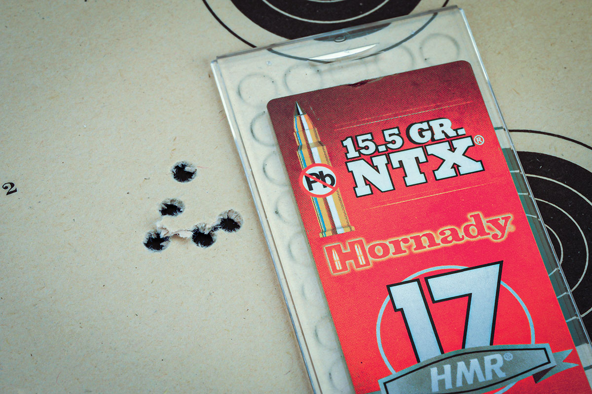 The best five-shot group is shown here. With the 15.5-grain NTX bullet, this Hornady offering went into a tight cluster of only .425 inch at 50 yards. The NTX is an interesting bullet offered for those locations that restrict the use of a lead-cored projectile. It is crafted with a frangible copper alloy.