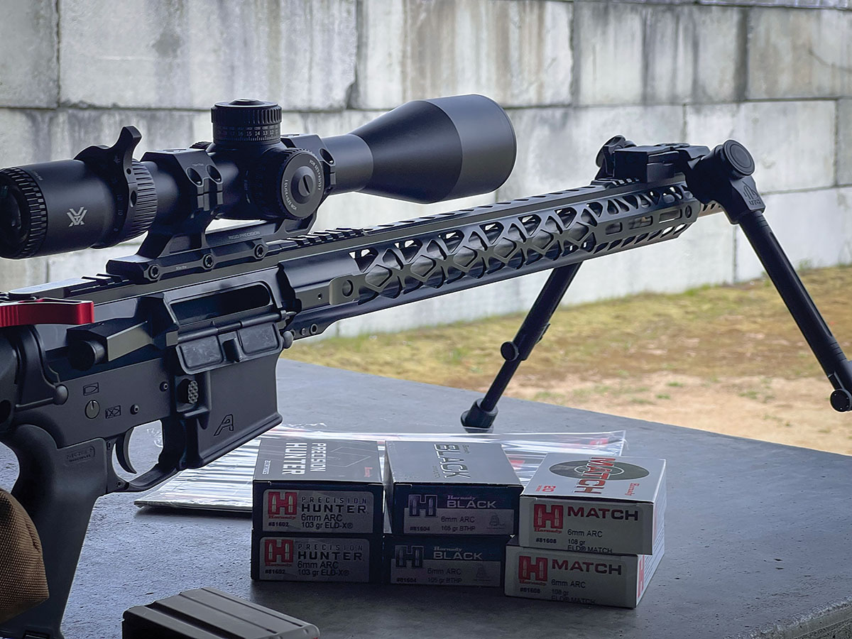 The 6mm ARC at the range shooting the three-factory offering for Hornady: Hornady Precision Hunter 6mm ARC 103-grain ELD-X, Hornady BLACK 6mm ARC 105-grain BTHP and Hornady 6mm ARC 108-grain ELD Match.
