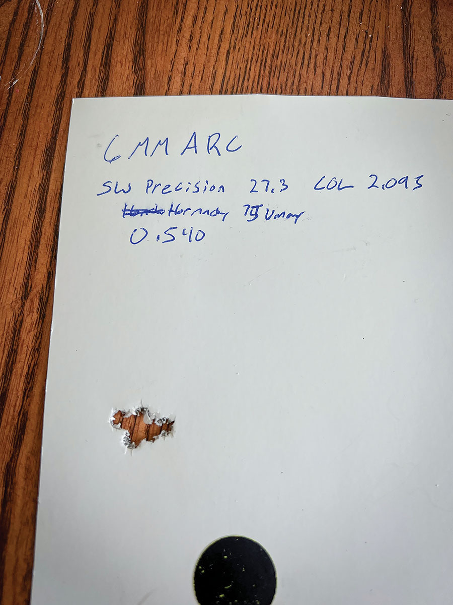 A Hornady 75-grain V-Max group with Shooters World Precision Rifle, CCI BR4 and Hornady brass shot a group of .540 inches.