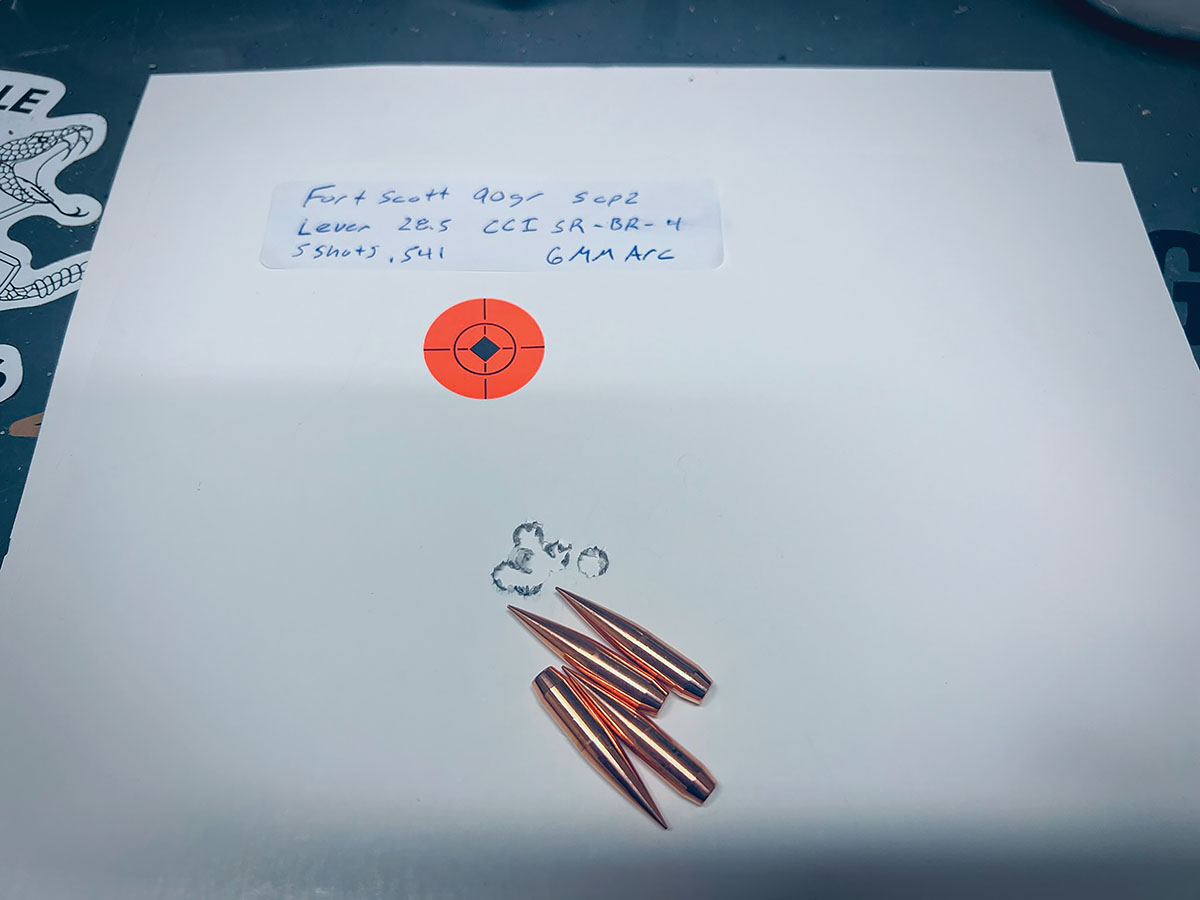 A Fort Scott Munitions 90-grain SCP2 group with LEVERevolution, CCI BR4 and Hornady brass, shot a group of .541 inches.